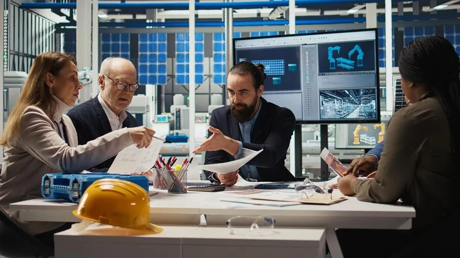 Business team reviewing documents at office table